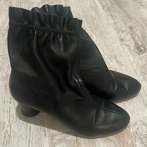 Cute Nanette Lepore, leather booties with rounded block heel and ruffle
